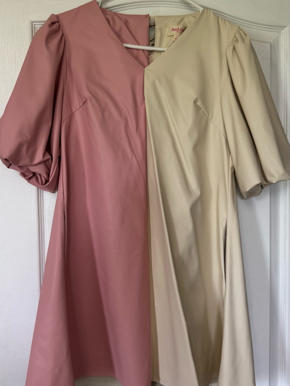 Peach Love California Dusty Rose and Beige Puff-Sleeve Midi Dress